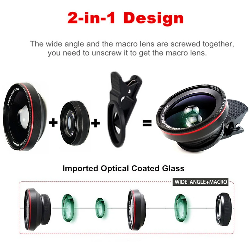 2 in 1 Mobile Phone Lens 4K HD 15X macro 0.6X Wide Angle Lens for iPhone 8 10 X Samsung LG Camera Kit Mobile Phone Accessories