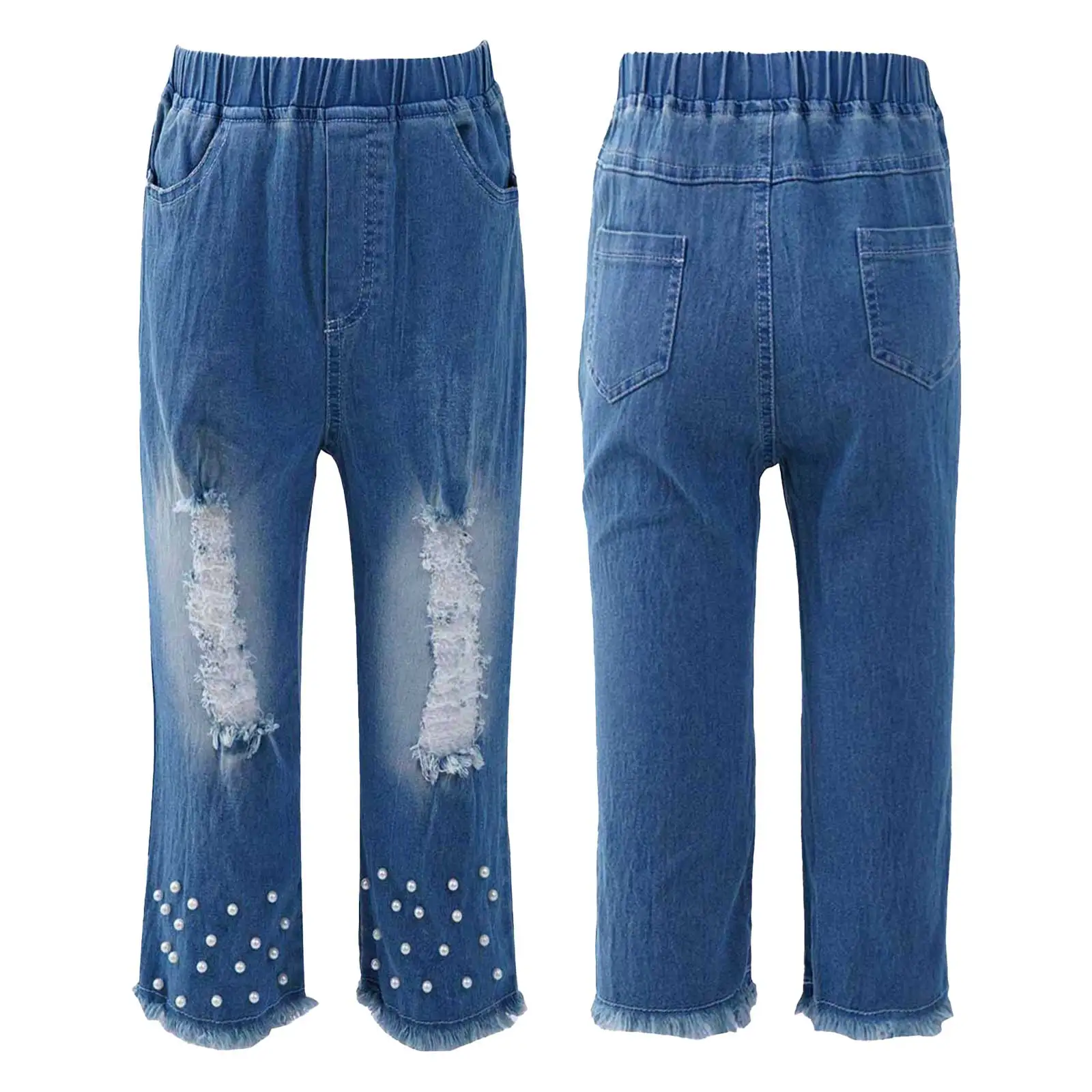 

Новые модные джинсы для девочек, рваные джинсовые брюки с бусинами, Детские облегающие брюки с дырками в Корейском стиле для подростков, лет...