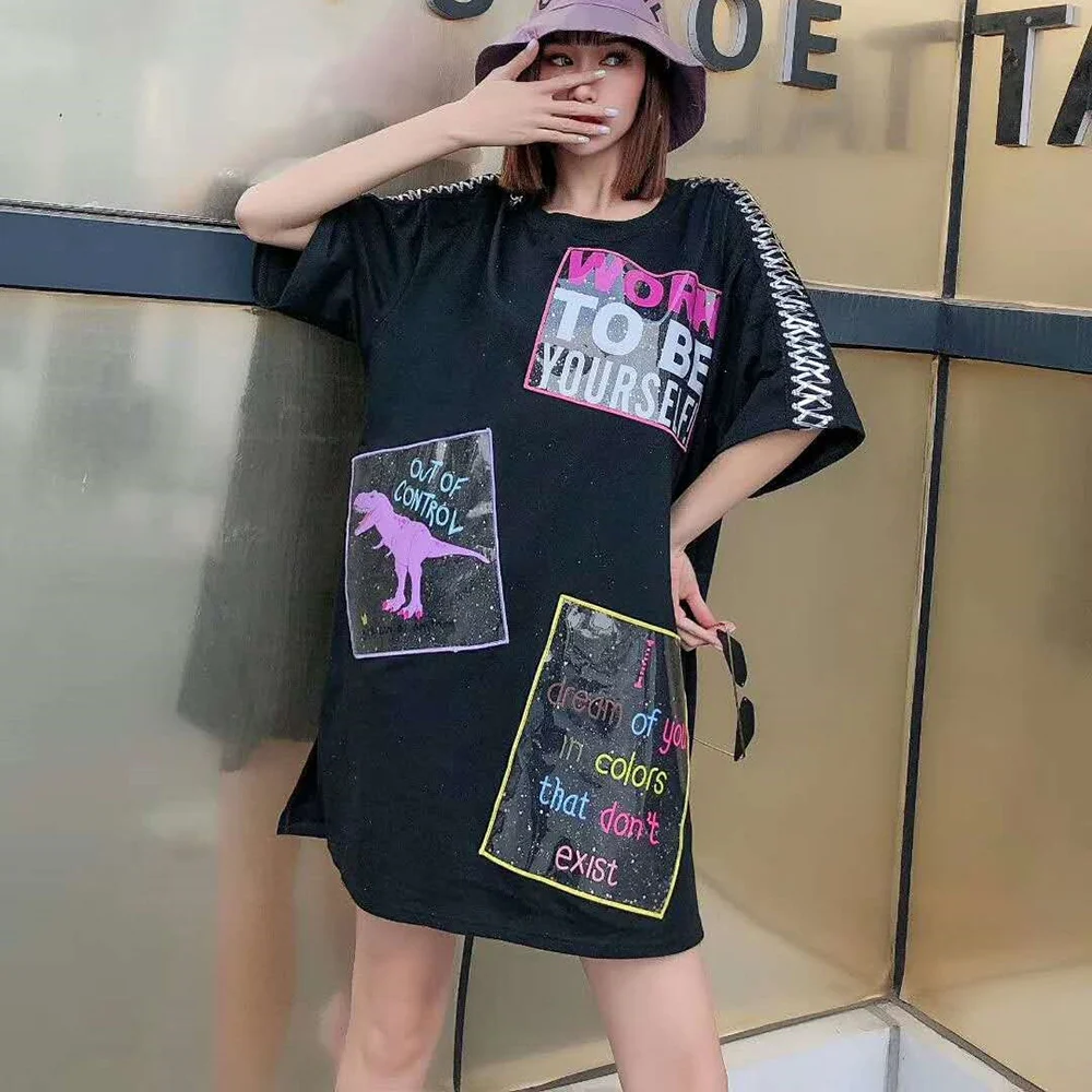 Женская длинная футболка с разрезом мешковатая со слоганом топ в Корейском стиле