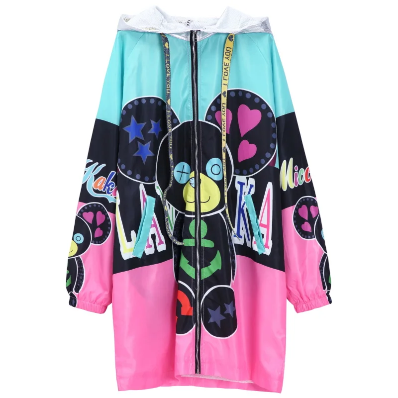 Женские тонкие пальто с капюшоном модные шикарные куртки мультяшным принтом