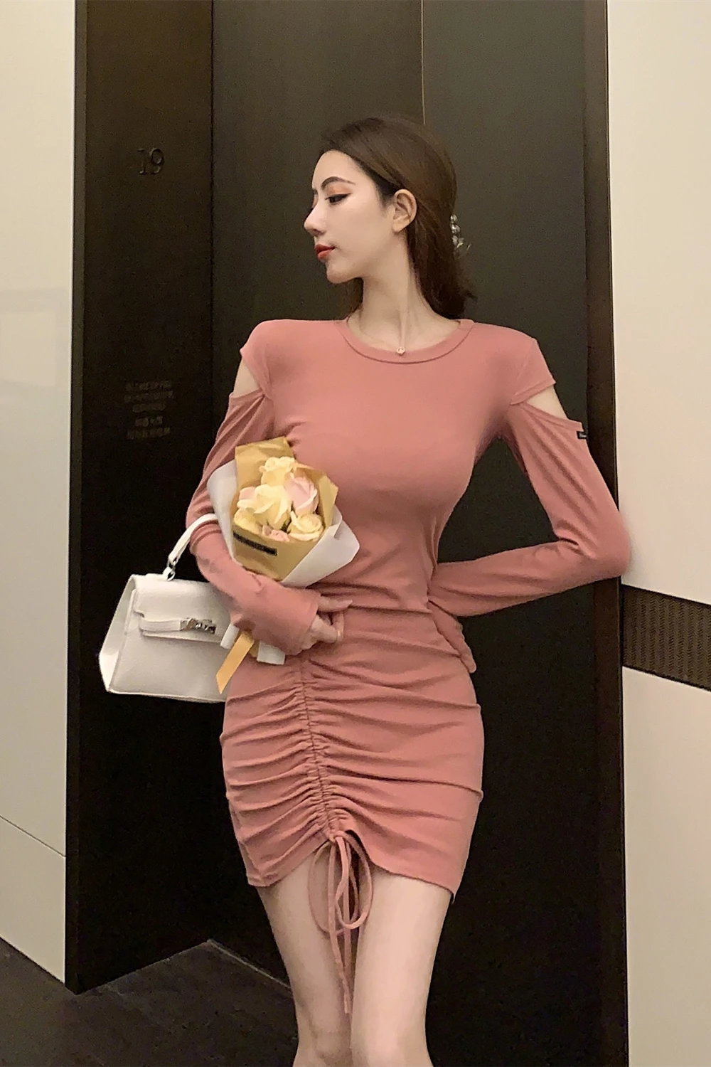 

Autumn Winter New Off The Shoulder Long Sleeve Women Dress Sense High Waist Solid Color Dress Drawstring Hip Wrap Female Dress