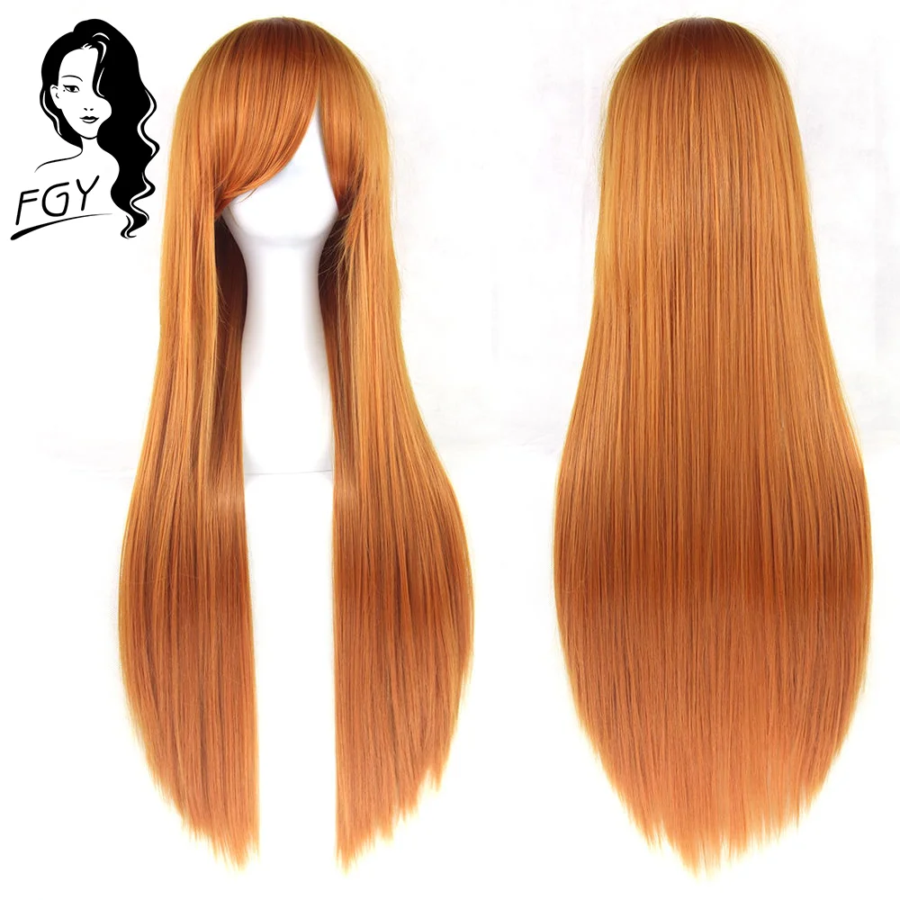 FGY Long Straight Hair with Bangs Synthetic Wig Lady Cosplay Anime Wig 32 Inch Pink Red Blue Purple Gold Brown Black Green Wig images - 6