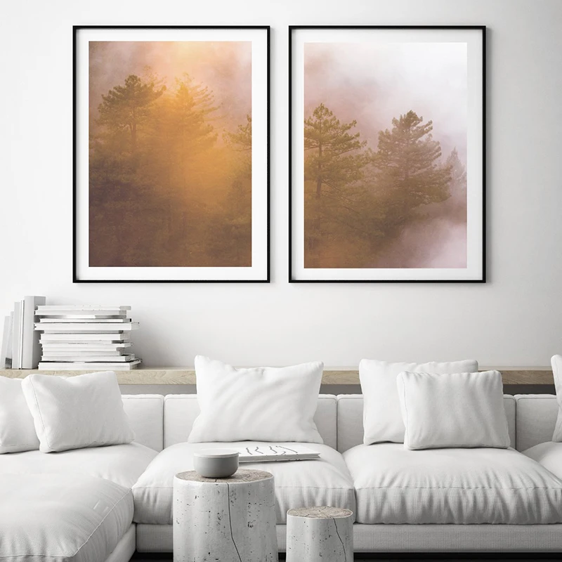 

Scandinavian Canvas Painting Foggy Forest Poster Trees In Fog Nature Art Landscape Wall Art Picture for Living Room Home Decor