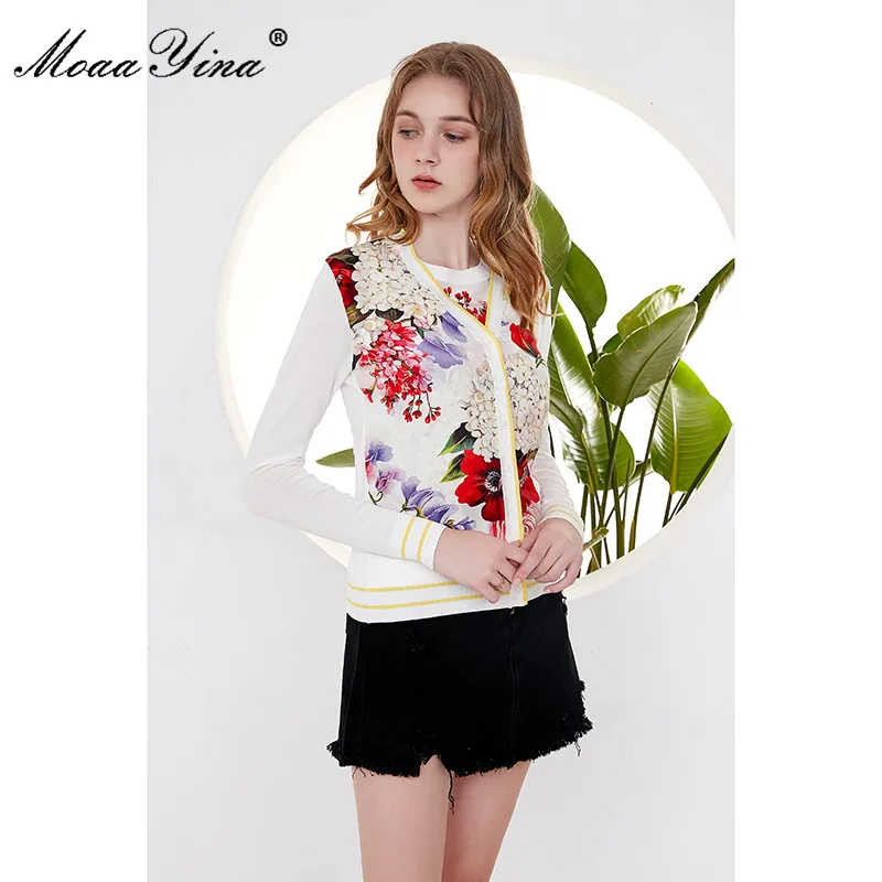MoaaYina Spring Autumn V-neck Long sleeve Cardigans Knitting Tops Women's Elegant Floral-Print Silk Sweater Thin Coat