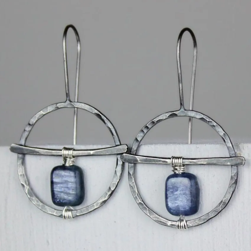 

FYSL Silver Plated Round Hollow with Lapis Lazuli Dangle Earrings for Women Ethnic Style Jewelry