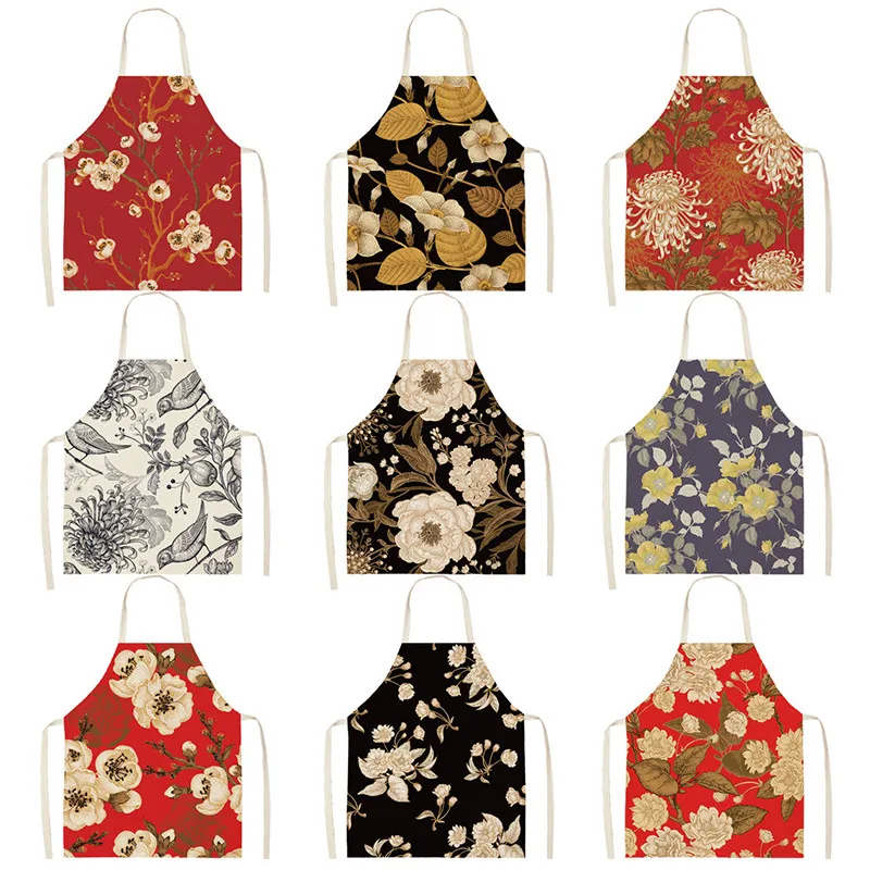 

Flower Printed Aprons Cotton Linen Brief Pinafore Kitchen Sleeveless Apron Women Home Cooking Baking Waist Bibs