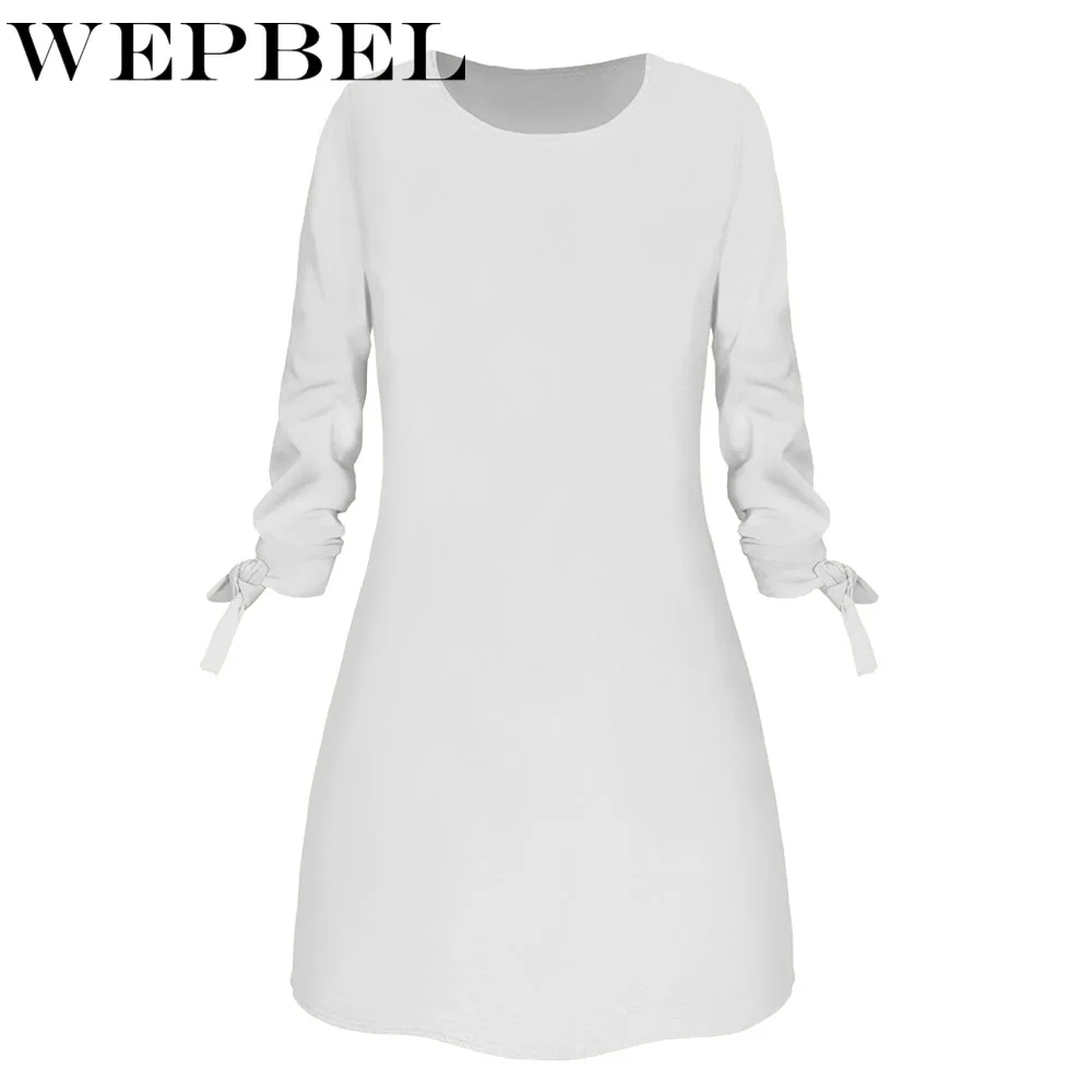 

WEPBEL O-Neck Loose Mini Dress Women's Solid Color Long Sleeve Dress