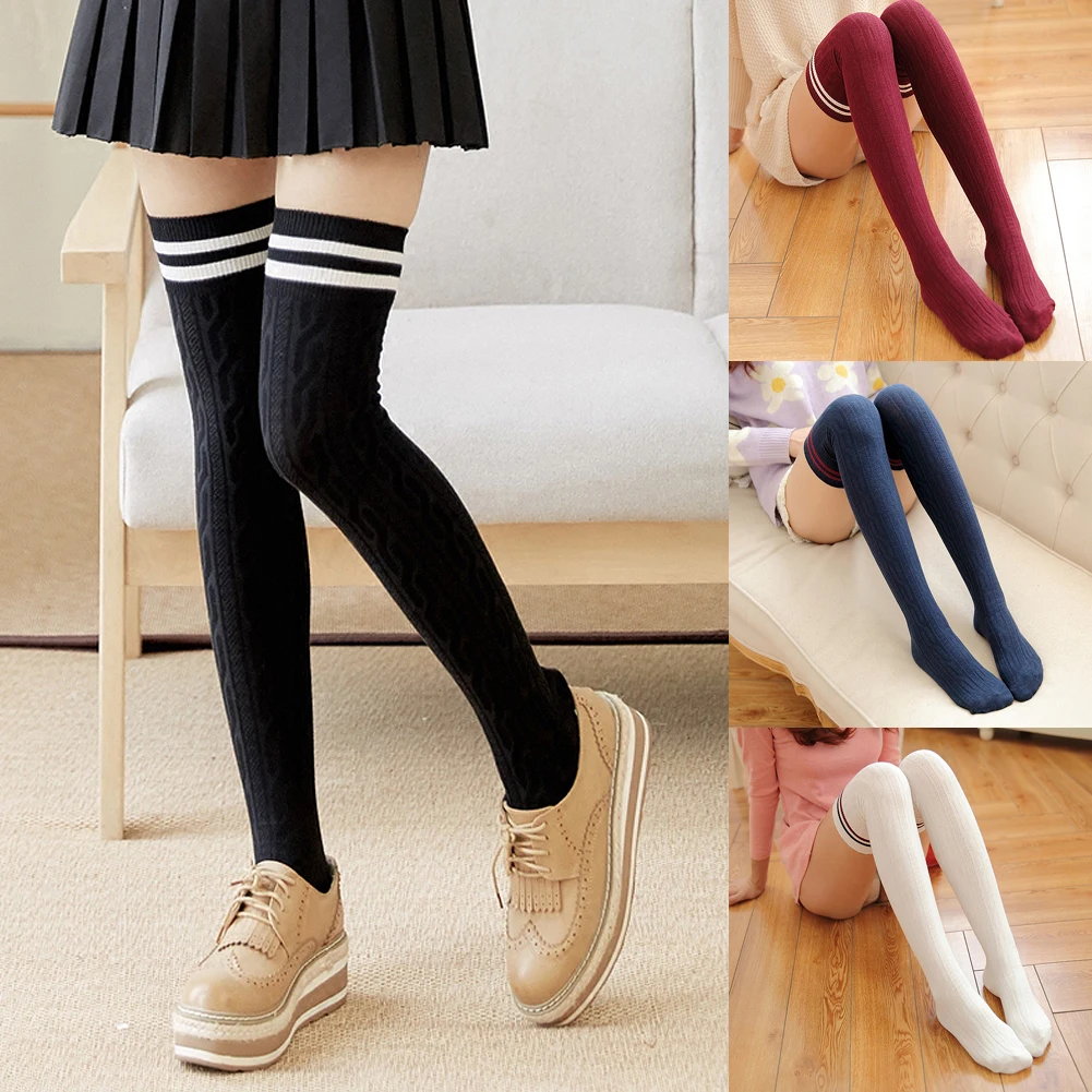 

Women Knit Cotton Over The Knee Long Socks Striped Thigh High Stocking Socks New Winter Warm Stocking for Ladies Women Girls