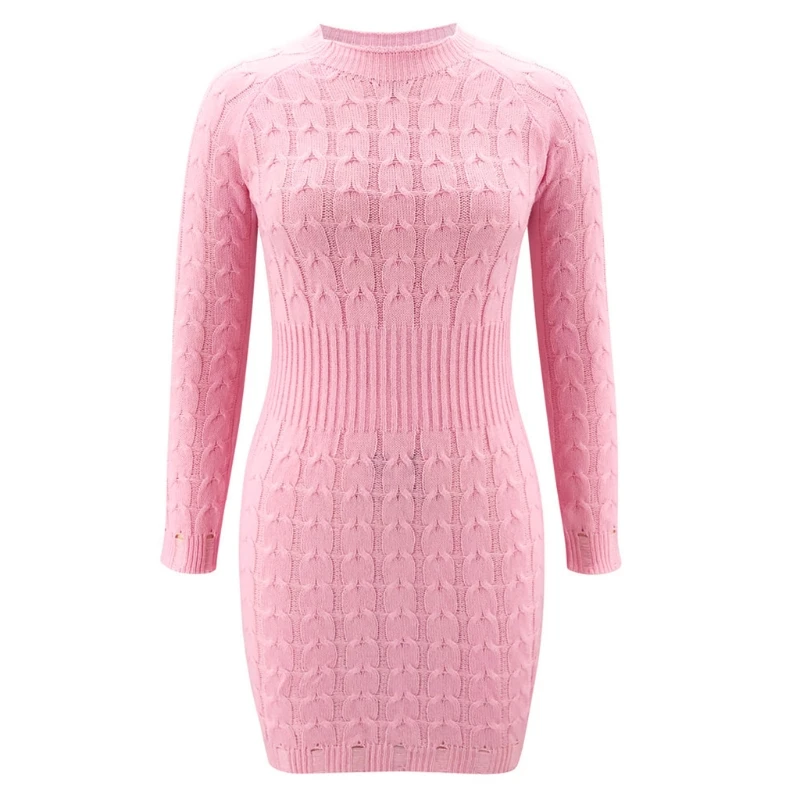 

L5YC Women Long Sleeve Twist Cable Knit Bodycon Mini Sweater Dress O-Neck Solid Color Sexy Empire Waist Jumper Streetwear