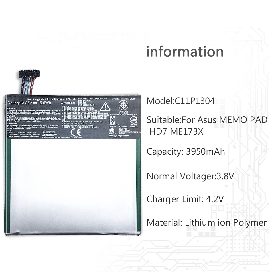 Литий-полимерный аккумулятор для планшета Asus MEMO PAD HD 7 ME173X HD7 ME173 K00B 3950 мАч C11P1304 |