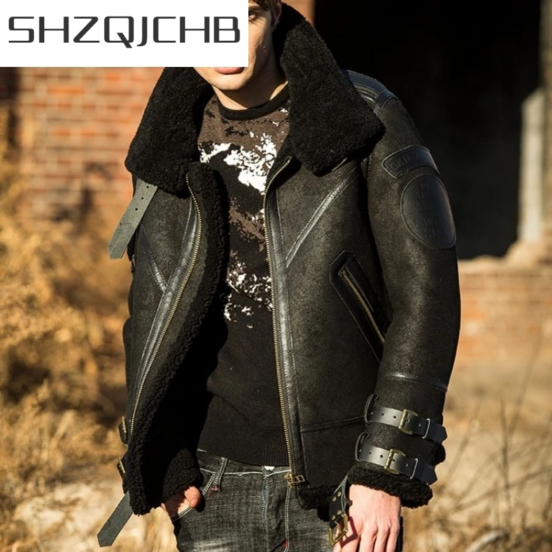 

JCHB 2021 Winter Mens Military Aviator Natural Shearling Overcoat Real Fur Lining Thick Wool Coats Genuine Leather Jacket Plus S
