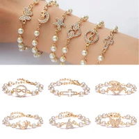 korean star cross butterfly angel wings charm bracelet for women fashion imitation pearl crystal infinity beads chain bracelets