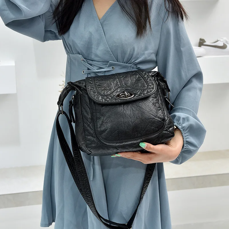 

2021 Trendy Design Solid Leather Women's Black Bag Washed PU Soft Shoulder Bag Ladies Cross Body Phone Purse Small Uncle Nine
