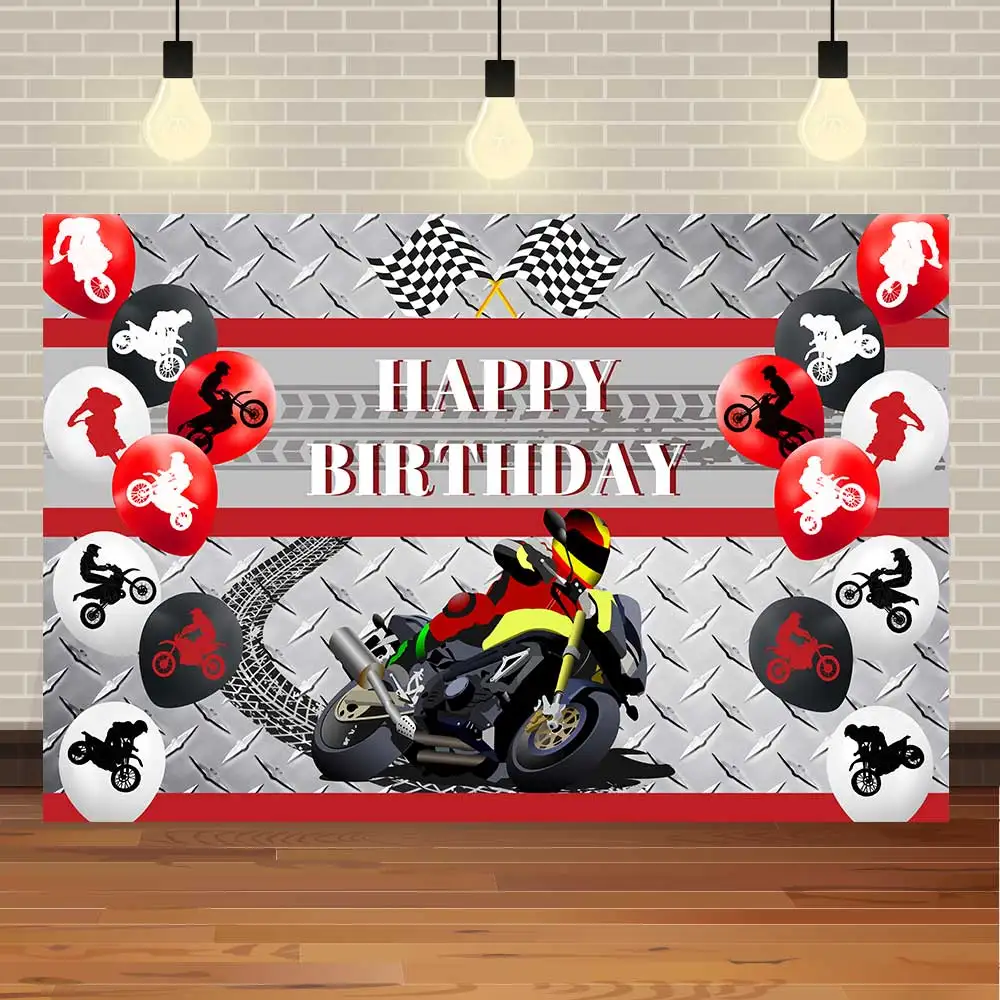 

SeekPro Cool Boy‘s Birthday Party Banner Background Riding a Motorcycle Racing Balloon Backdrop Child Photography Photo Studio