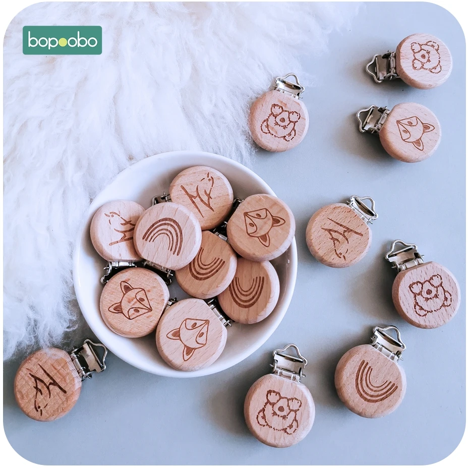 Bopoobo, 2 шт., деревянная соска, Детские аксессуары, деревянная Соска с животным, металлические зажимы, держатель, сердце, соска, деревянный детский Прорезыватель