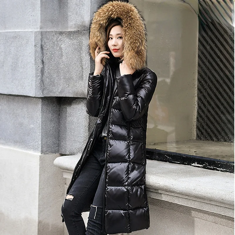

Long White Duck Black Down Coat Women Thick fur collar Hooded Winter large size Windproof Snow Outwear Warm Female Puffer Jacket
