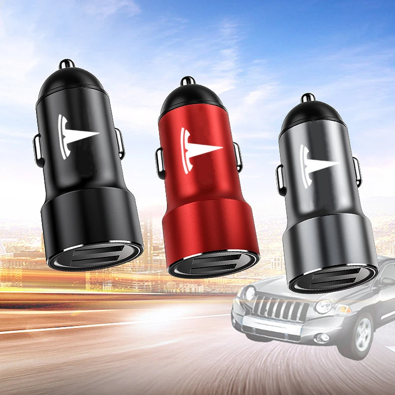 

For Tesla Model 3 Model X Model Y Car Accessories Aluminium Alloy 2 Ports 4.8A 5V Fast Charging USB Car-charger Adapter