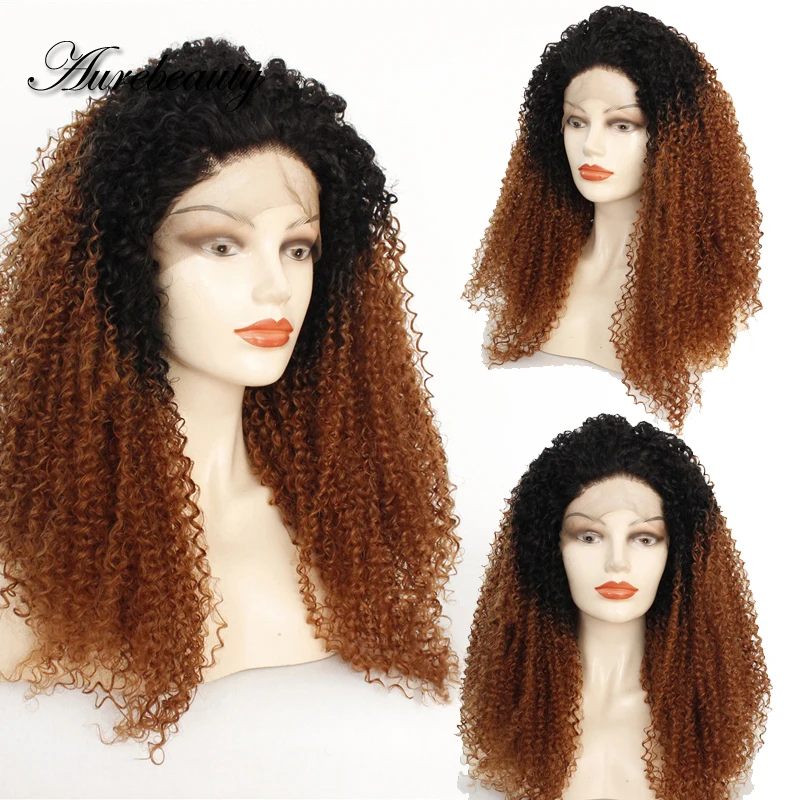 

Afro Kinky Curly Colored 13X4 Lace Front Wig Ombre Honey Blonde Synthetic Hair Frontal Wigs Brown For Black Women Full Glueless