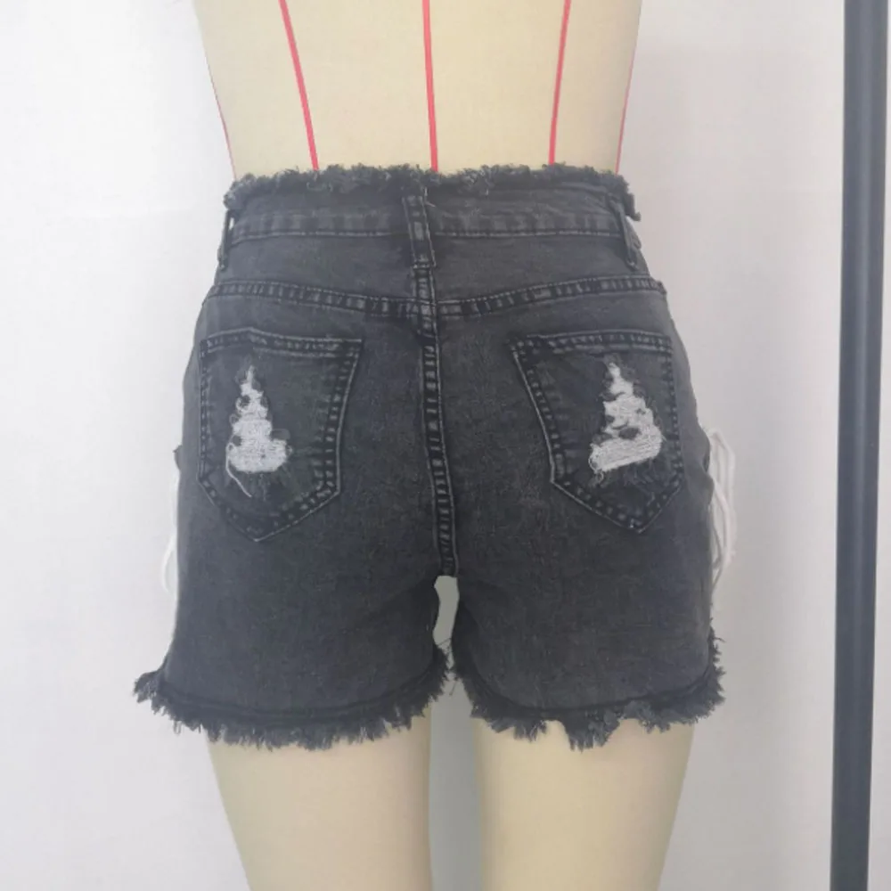 

Plus Size Sexy Blue Hollow Out Denim Shorts 3XL Summer Women High Waist Ripped Tassel Short Jeans Lace Up Bandage Hotpants