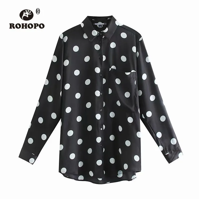 ROHOPO отложной воротник белая Polk Dot черная блузка длинный рукав круглый край