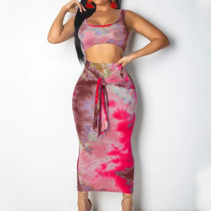 Женские 2 шт. на бретелях облегающие Короткие топы бандажные Высокая талия юбка