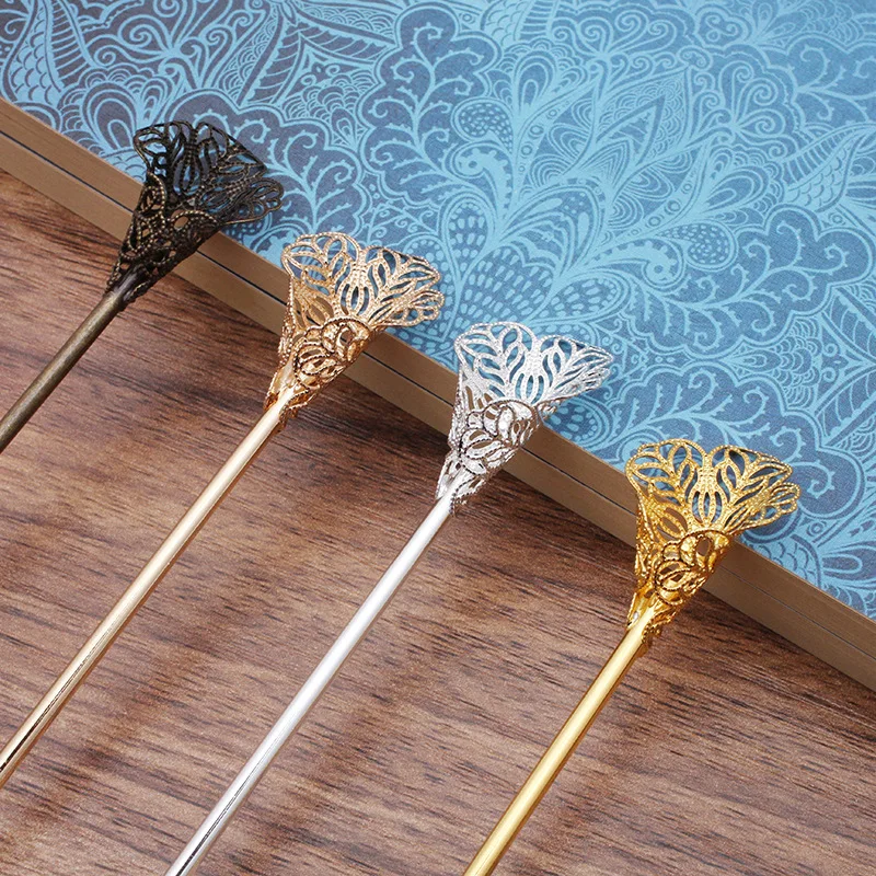 10 PCS 120*2.5mm Hair Sticks Settings Bronze /Gold /Silver Color Filigree Flowers Hairpin Base For DIY Jewelry Making