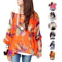 summer women boho floral printed loose beach cover boat neck batwing sleeve tops chiffon t shirt