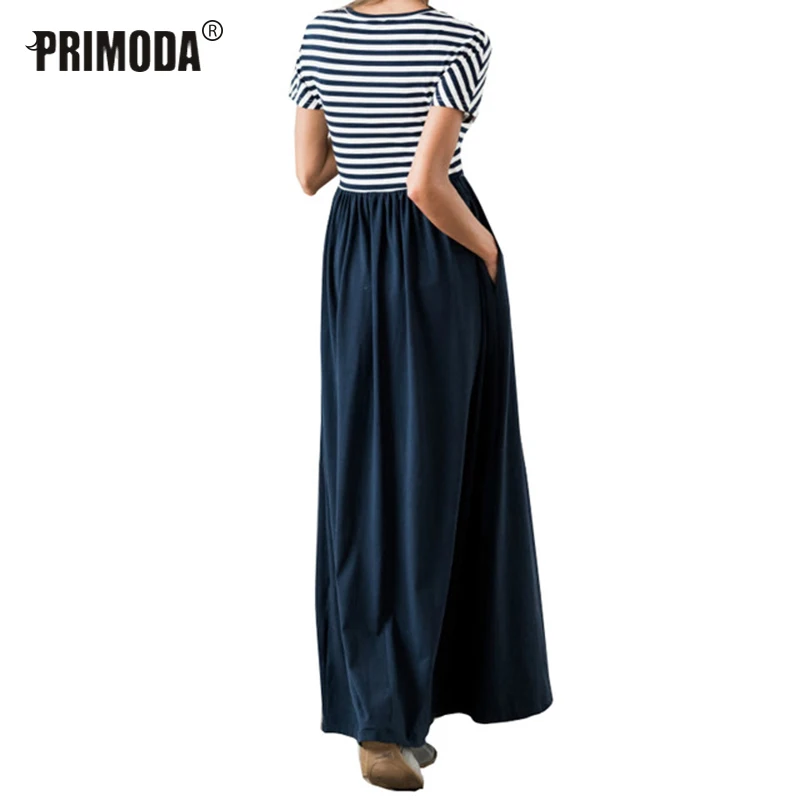 Женское длинное платье Boho летнее Полосатое Макси с коротким рукавом и круглым