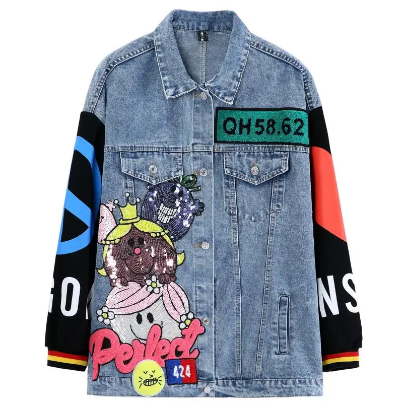 Женские джинсовые куртки с блестками шикарные в стиле пэчворк весна осень