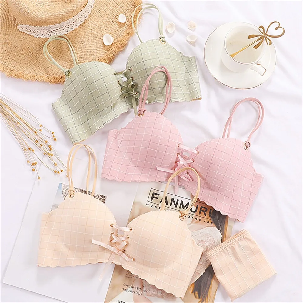 

Fashion Plaid Bandage Sexy Bras For Women Sexy Lingerie Comfort Wireless Seamless Bra Bralette Sleep Tops Adjustable Push Up Bra