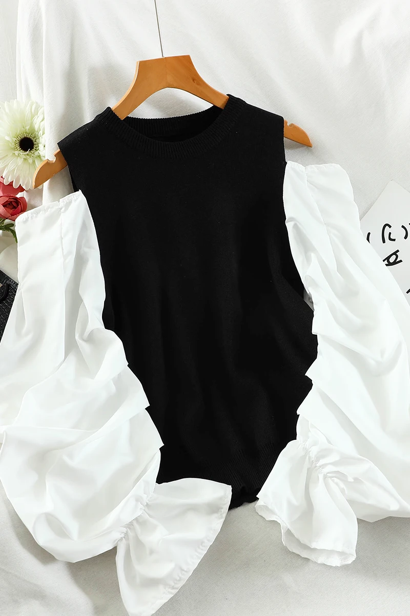 

Vintage Flare Long Sleeve Knitted Pullovers Casual O-Neck Off Shoulder Sexy Patchwork Sweater Elegant Female Knit Shirt New 2021