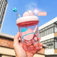 cartoon water bottle cute fruit fun micro landscape turn cup with straw hygienic straw lid creative student couple plastic cup
