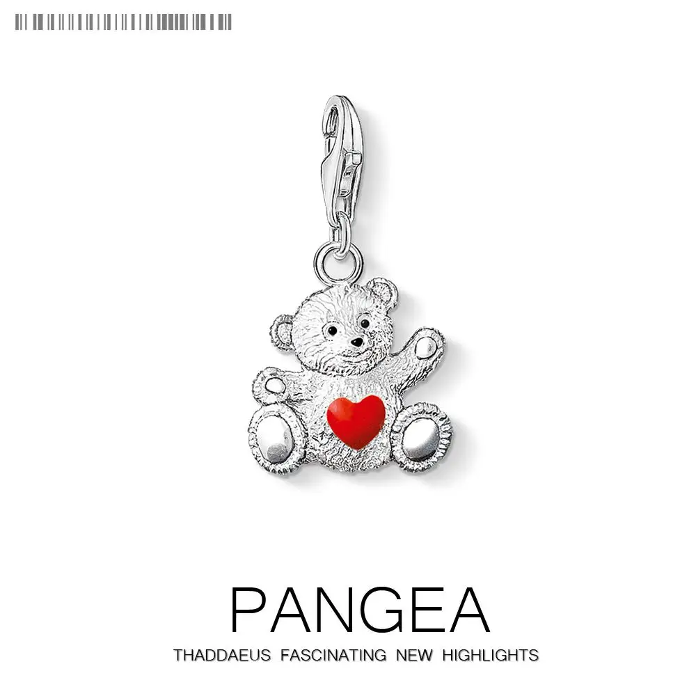 Аутентичные 925 стерлингового серебра Мишка с красным сердцем очарование кулон