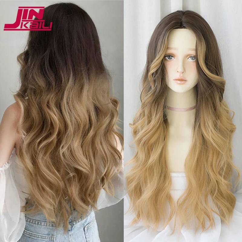 

JINKAILI Synthetic Cosplay Wig Lolita Wigs With Bangs Omber Blonde Long Deep Wave Wigs For Women Noble Blonde Heat Resistant
