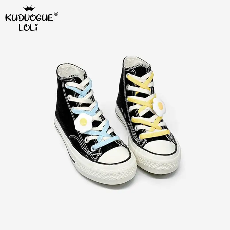 Высокая парусиновая обувь Harajuku Kawaii пара черных кроссовок с цветной дышащей