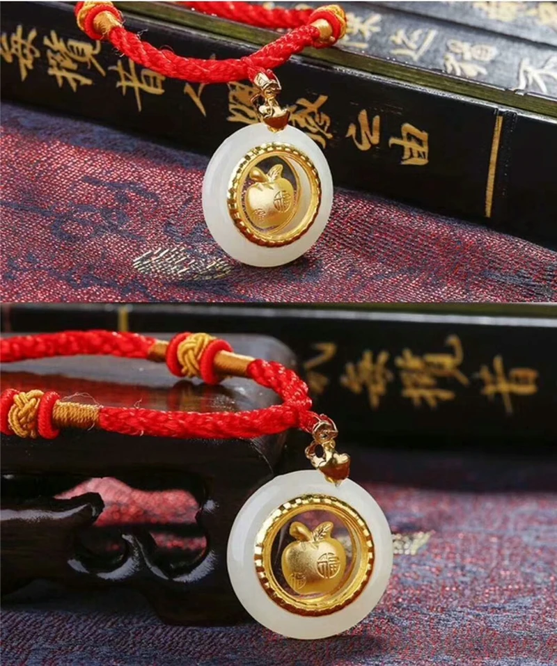 

LETSFUN New 24k Gold Inlaid Natural Chinese White Jade Apple Pendant Necklace Jewelry Gift Sterling Silver Necklace