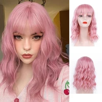pink short bob womens wigs with bangs natural synthetic water wave bob wig light pink wavy shoulder length wig peruca cosplay