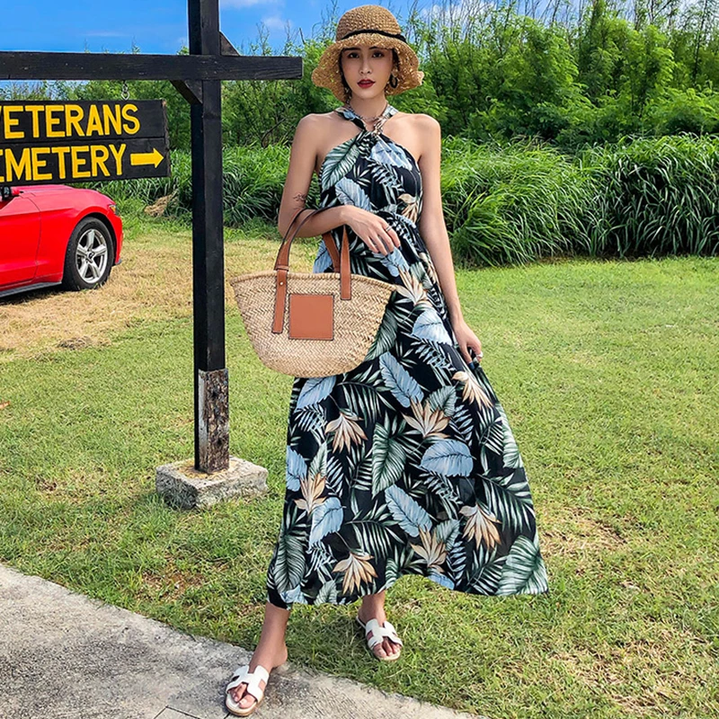 Женский Сарафан Макси с принтом и открытой спиной элегантный летний длинный