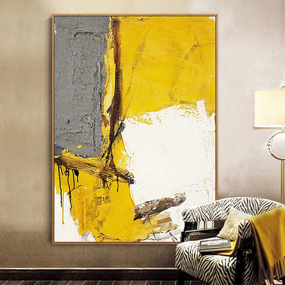 

Hand drawn abstract oil painting living room modern minimalist abstract yellow spell gray color decorative painting FHY012