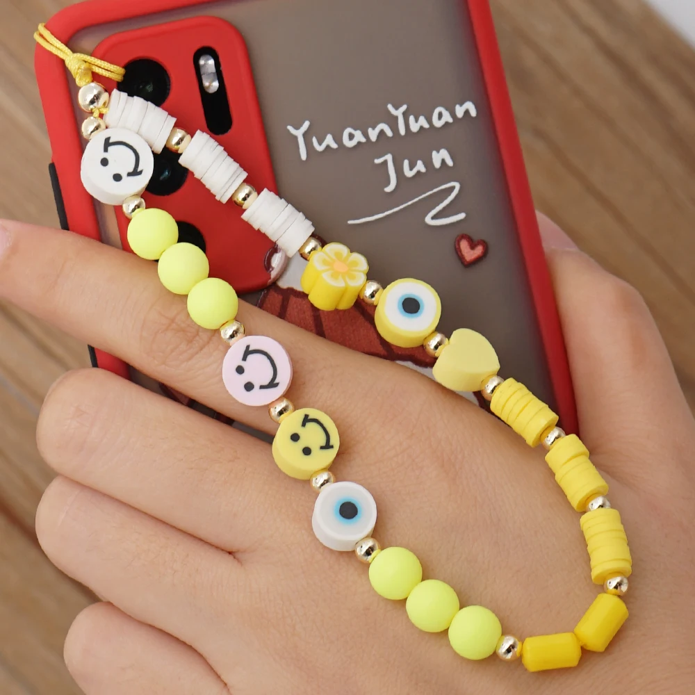 

Polymer Clay Beaded Phone Strap Turkish Evil Eye Ipad Chain Bag Pendant Heishi Disc Beads Wrist Smile Face Chains Lanyard