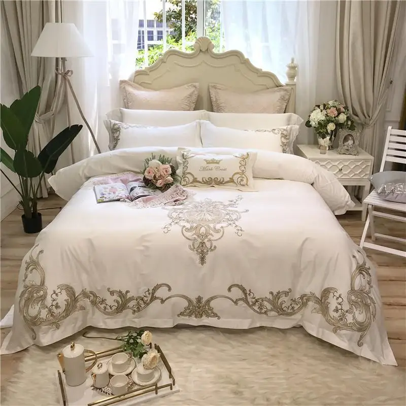 

J 4 4/7pcs White Pink Luxury Golden Embroidery 80S Egyptian Cotton Bedding Set King Queen Size Duvet Cover Bed Sheet Pillowcases
