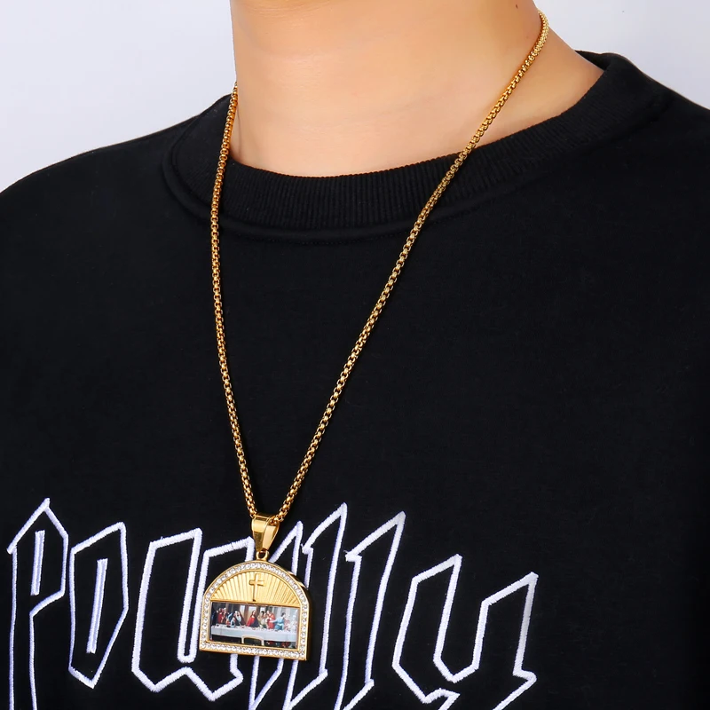 

HIP Hop Gold Color Stainless Steel Bling Iced Out Rope Chain Last Supper Cross Pendants & Necklaces for Men Jewelry