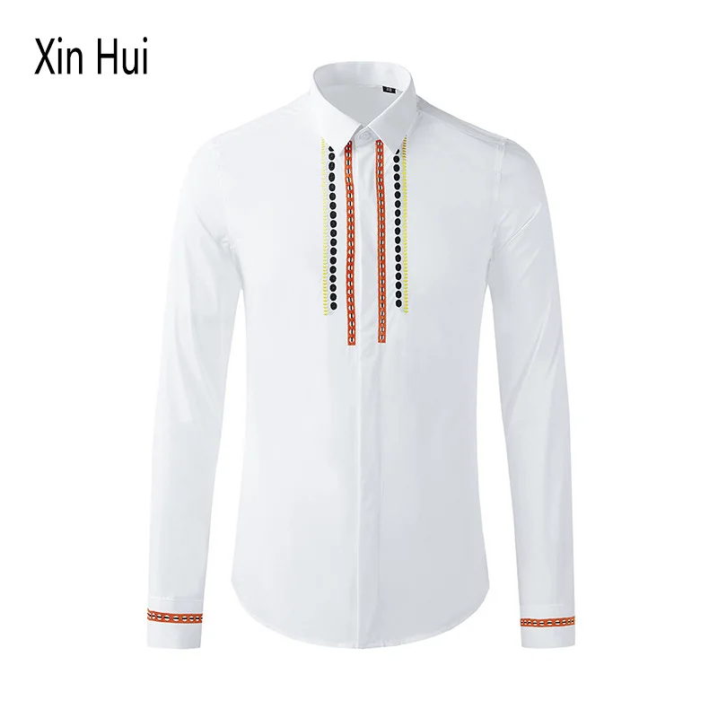 2021New Classic white dinner party retro flower color embroidery men's fashion shirt new fashion slim high-quality shirt for men