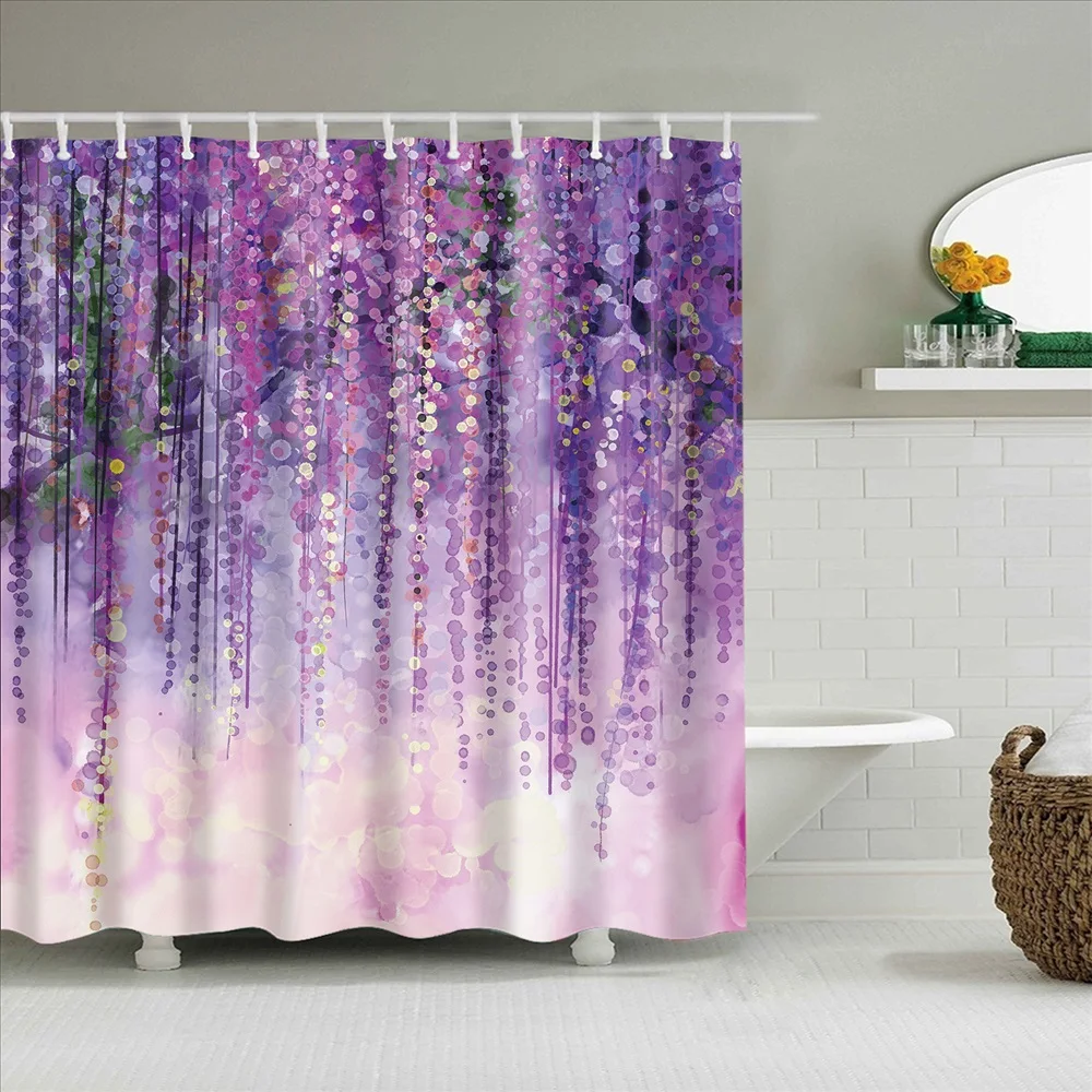 

Purple Shower Curtain Colorful 3D Flowers Wash Shower Waterproof Decor with Hooks 180x200cm for Bathroom