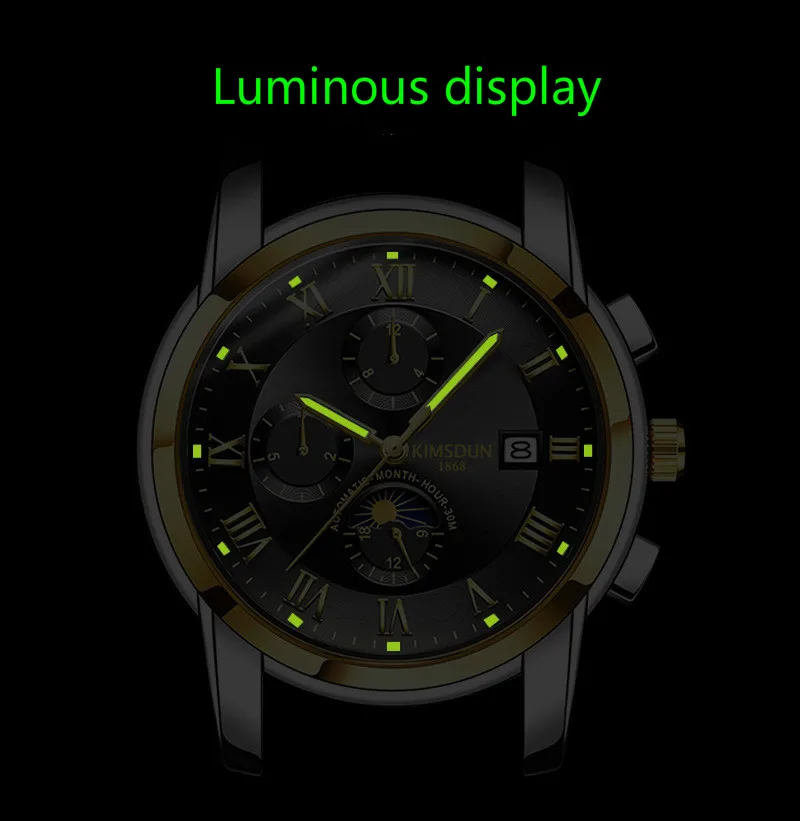 Автоматические механические часы для мужчин KIMSDUN Moon Phase светящиеся полые с