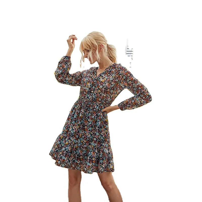 

Fashionable 2021 New Spring Summer Holiday Casual V Neck Long Sleeve Chiffon Short Dress Ladies Small Floral Chic Mini Dresses