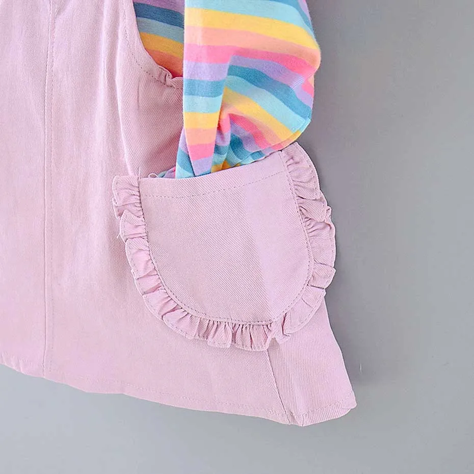 2020 Baby Dress Girl Patchwork Fake 2 Pcs For Girls Rainbow Striped Party Summer Cute Clothes | Детская одежда и обувь