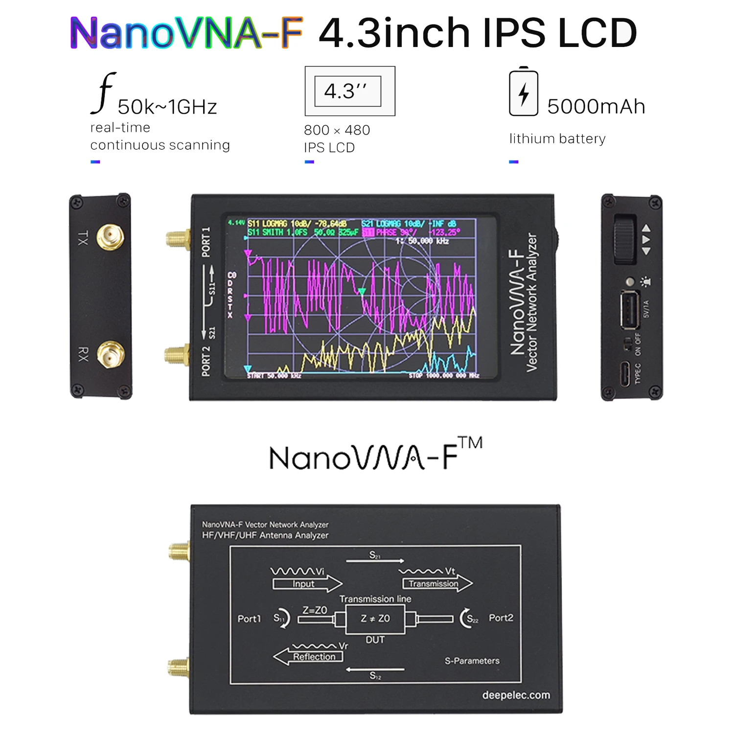 Векторный анализатор сети NanoVNA-F 4 3 дюйма с ЖК-дисплеем IPS КВЧ УВЧ антенны 50 кГц-1000