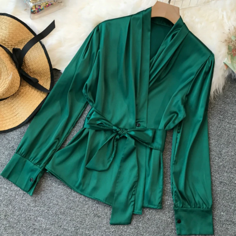 Женская рубашка с V образным вырезом поясом|Блузки| |