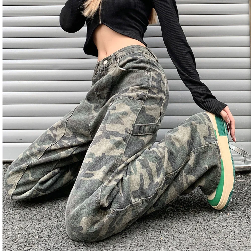 

Осенне-зимние новые американские камуфляжные брюки хип-хоп Свободная рабочая одежда с широкими штанинами джинсы Женская мода Стиль 90-х